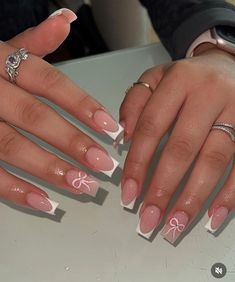 Acrylic Nail Birthday Set, Pink N White French Nails, Cute Pink French Tips, Pink French Tips With Design, French Tip Nails With Butterflies, French Nails Design 2024, Acrylic Nail Designs Birthday, Pink Nails With White French Tip, Gel X Nails French Tip