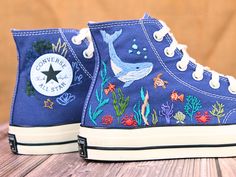 " Custom Embroidered Converse, Whale and Turtle Embroidered Shoes, Ocean Vibes Embroidered Sneakers Custom, Gifts for Divers "   CONVERSE ∙ EMBROIDERED ∙ OCEAN VIBES * Material: High-quality premium cotton embroidery thread, colorfast * Dimensions: Tailored to your selected US shoe size * Finish: High-end embroidery ∙ Sharp threading ∙ Colorfast * All shoes are custom-made by hand with Love and Care in our workshop ♡ 🎁 UNIQUE POINTS 🎁 Includes 1 pair of socks Free custom name or personal information Bright, colorfast embroidery thread, meticulously stitched OUR RETURNS AND REFUND POLICY We take full responsibility for any errors in design or execution on our part. If you wish to return your order for personal reasons, please note that you will need to cover the shipping cost. ADDITIONAL Nike Embroidered Shoes, Embroidered Vans With Cactus, Cool Converse High Tops With Fun Treatments, Converse Like Sneakers, Cute Shoes Coners, Cheap Custom Converse, Custom Converse Shoes Low, Spiderman Shoes Converse Embroidered, Custom Made Chuck Converses