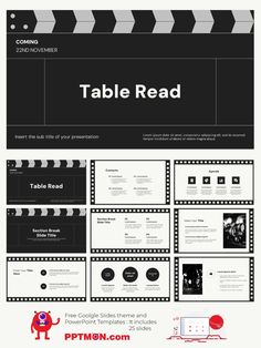 a black and white poster with the words table read written on it, next to an image of a film strip