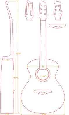 an acoustic guitar is shown with measurements for the neck and back end, along with other parts