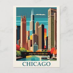 the chicago skyline is shown in this vintage style poster