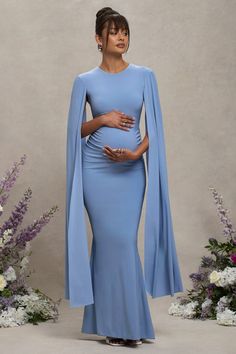 Dress With Cape Sleeves, Maternity Evening, Dress With Cape, Long Cape, Sleek Bun, Maternity Maxi Dress, Divine Timing, Black Dress Prom, Black Tie Gala