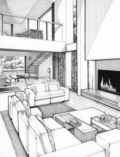 a drawing of a living room with couches and a fire place in the fireplace