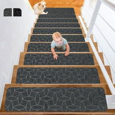 a baby crawling down some stairs with a dog on the other side looking at him