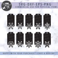 six snowflake tags with the words svg dxf epsp png commercial use for physical items