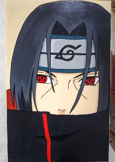 a painting of an anime character with black hair and red eyes is hanging on the wall