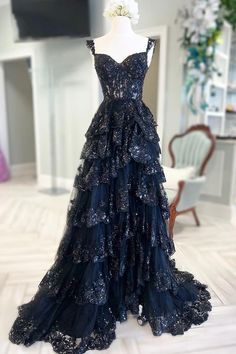 Navy Blue Prom Dress, Sequin Sleeve, Lace Layers, Blue Tulle, فستان �سهرة, Custom Size Dresses, A Line Prom Dresses, Prom Dresses Lace, Prom Dresses Blue