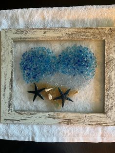 two starfishs are sitting in a frame with blue sea glass and shells on it