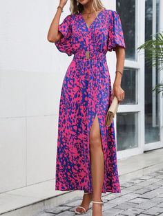 Women's V-Neck Full Printed Thigh-High Slit Dress Maxi Women Outfit Hot Pink Casual  Short Sleeve Woven Fabric All Over Print A Line Non-Stretch  Women Clothing, size features are:Bust: ,Length: ,Sleeve Length: Split Maxi Dress With Side Slits For Vacation, Pink V-neck Dress With Side Slits, Casual Maxi Dress With Side Slits, Vacation Maxi Dress With Split Design, Casual Maxi Dress With Split Hem, Spring Maxi Dress With Split Design, Pink V-neck Maxi Dress With Side Slits, Spring Pink Maxi Dress With Split, Casual Split Hem Dress