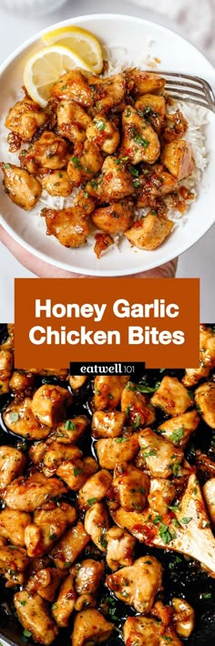 honey garlic chicken bites on a plate with rice and lemon wedges in the background