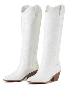 PRICES MAY VARY. Material.：These pull-on, wide-leg cowboy boots feature a faux leather, rubber sole, chunky mid-heel, rubber insole and fully lined breathable mesh for long-lasting comfort and easy on and off. Design:With a beautifully embroidered pattern, almond-shaped toe, and appropriate heel height (2.56inch), this perfect white boot allows you to add extra height without any discomfort. Make your matching dresses, shorts and skirts more elegant. Matching: This white cowboy boot is perfect f Knee High Cowgirl Boots, High Cowgirl Boots, Knee High Cowboy Boots, White Cowgirl Boots, Women's Cowboy Boots, Cowboy Boots For Women, White Cowboy Boots, Cowboy Shoes, Boots Knee High