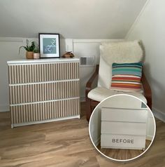 a white chair sitting next to a wooden cabinet in a room on top of a hard wood floor