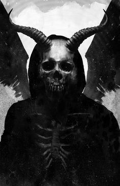 a black and white photo of a demon with horns