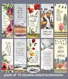 the back of 10 double - sided bookmarks with flowers and birds