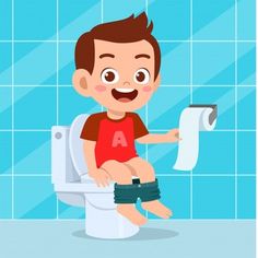 a boy is sitting on the toilet with a roll of toilet paper in his hand