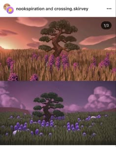 two pictures with trees and flowers in the middle one is purple, the other is green