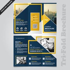 a blue and yellow business brochure is shown