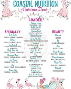 a christmas menu with pink flamingos and other things to eat for the holiday season