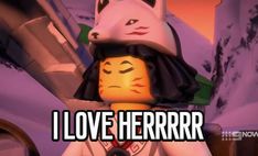 a lego character with a cat on his head and the words i love herrrr above it