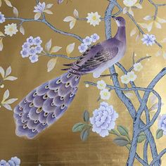 a painting of a purple bird perched on a tree branch with white and blue flowers