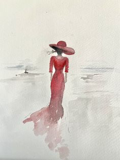 a watercolor painting of a woman in a red dress and hat walking on the beach