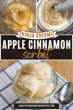 an apple cinnamon sorbet is in a glass bowl with spoons on the side