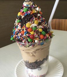 an ice cream sundae with chocolate, candy and sprinkles on top