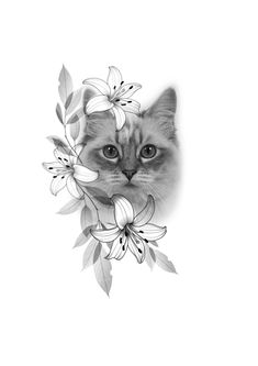 a black and white photo of a cat with flowers on it's back side