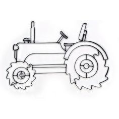 a drawing of a tractor with wheels on it's front and back end, in black ink