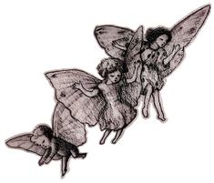 three fairy tinkerbells flying in the air with their backs turned to look like they are holding hands