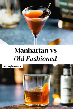 manhattan vs old fashioned cocktails with an orange garnish in the foreground