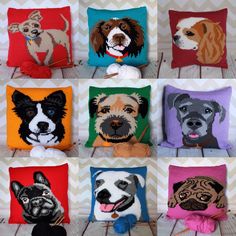 a group of different colored pillows with dogs on them