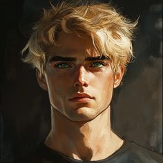 a painting of a young man with blonde hair and green eyes looking at the camera