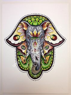 an elephant is painted on the side of a white wall with green, orange and yellow designs