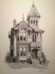 a drawing of a victorian house in black and white