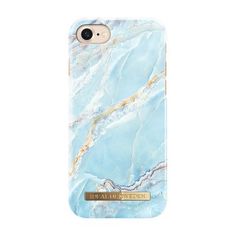 an iphone case with blue marble and gold foil on the back, it is shown