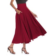 Burgundy High Waisted Swing A-line Maxi Skirt A-line Pleated Skirt With Pockets, Flowy A-line Maxi Skirt With Pockets, Chic A-line Maxi Skirt In Solid Color, Flowy A-line Maxi Skirt In Solid Color, Chic Flared Skirt With Wide Waistband, Red Pleated A-line Maxi Skirt, Fitted A-line Mini Skirt With Pockets, Flowy A-line Pleated Skirt With Pockets, Relaxed A-line Pleated Skirt With Pockets