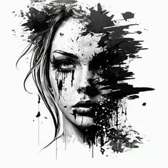 a woman's face with black and white paint splattered on it, as if