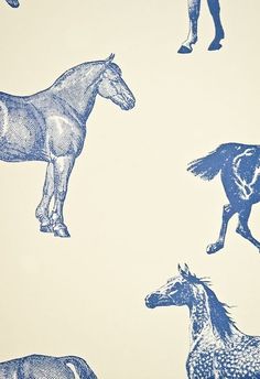 an image of three horses on a wallpaper pattern in blue and white colors,