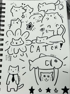 an open notebook with doodles on it and some writing in the middle that says catch