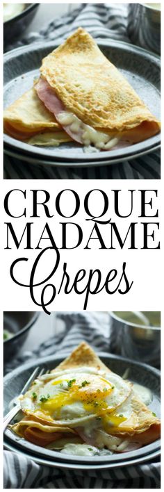 two plates with crepes on them and the words, croque madne crepes