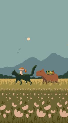 two dinosaurs in a field with mountains in the back ground and flowers all around them