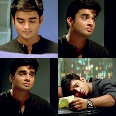 four different shots of a young man with his eyes closed and hands on his face