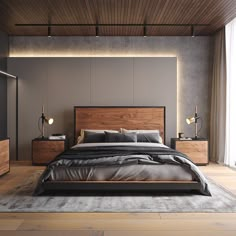 a large bed sitting on top of a wooden floor next to two nightstands and a window