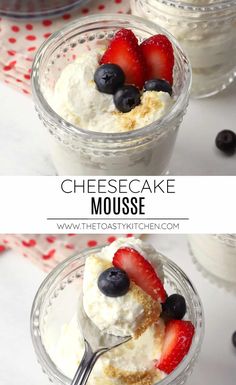 cheesecake mousse with strawberries and blueberries on top