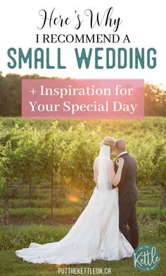 a bride and groom kissing in the vineyard with text overlay that says, here's why i recommend a small wedding