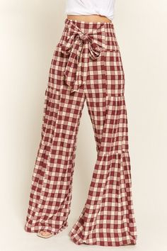 Go gingham crazy with our High Smocked Waist Gingham Print Wide Leg Pants! With a loose-fitting wide leg body and a smocked waistline in the back, these pants are both comfortable and stylish. Perfect for a picnic or a day out, these pants will keep you looking and feeling fabulous! Gigi Style, Gingham Pants, Printed Wide Leg Pants, High Waist Pants, Teacher Style, Sweater Collection, Pants Large, Kimono Cardigan, Gingham Print