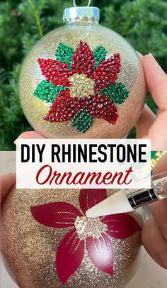 a hand holding a christmas ornament with the words diy rhinoestone on it