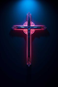 a neon cross on a dark background