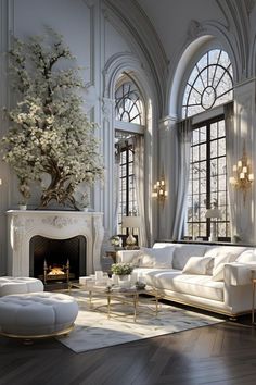 an elegant living room with white furniture and large windows in the wall to the ceiling